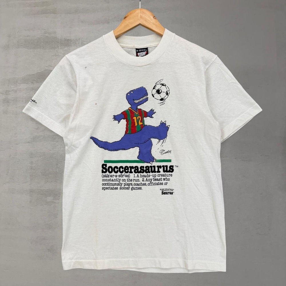Screen Stars Soccerasaurus T Shirt White Vintage 1988 Dinosaur World Cup Medium